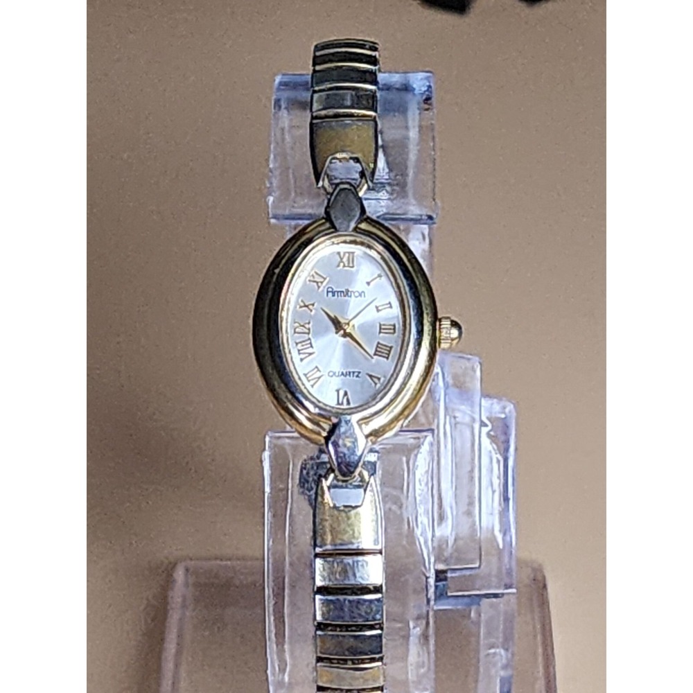Vtg ARMITRON Ellipse 10k Yellow Gold Plate & Silver Tone Ladies Watch FREE SHIP!